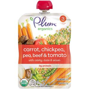 Plum Organics Baby Food Pouch | Stage 3 | Carrot, Chickpea, Pea, Beef & Tomato | 4 Ounce | 6 Pack | Organic Food Squeeze for Babies, Kids, Toddlers