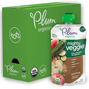Plum Organics Baby Food Pouch | Mighty Veggie | Zucchini, Apple, Watermelon & Barley | 4 Ounce | 6 Pack | Organic Food Squeeze for Babies, Kids, Toddlers
