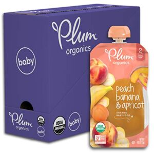 Plum Organics Baby Food Pouch | Stage 2 | Peach, Banana and Apricot | 4 Ounce | 6 Pack | Fresh Organic Food Squeeze | For Babies, Kids, Toddlers
