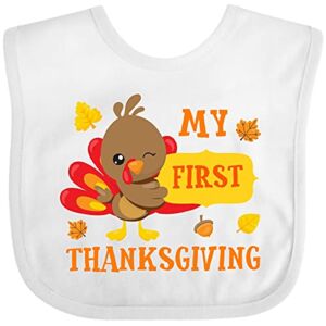 Inktastic My First Thanksgiving with Turkey and Leaves Baby Bib White 2c777