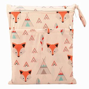 Wet Dry Bag Baby Cloth Diaper Nappy Bag Reusable with Two Zippered Pockets (Baby Fox)