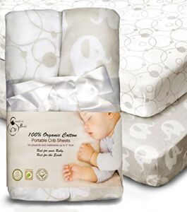 100% Organic Cotton Sheets for Pack ‘n Play and Other Portable/Mini Cribs, Gray/White Unisex 2 Pack, Playard or up to 5″ Mattress