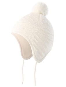 Connectyle Toddler Boys Beanies with Pom Kids Fleece Lined Earflap Knit Winter Skull Caps M White