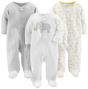 Simple Joys by Carter’s Unisex Babies’ Cotton Footed Sleep and Play, Pack of 3, Elephant/Stripe/Giraffe, 0-3 Months