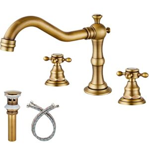 Widespread Bathroom Faucet Double Handle Mixer Tap for Bathroom Antique Brass Three Hole Deck Mount Hot Cold Water Matching Pop Up Drain with Overflow