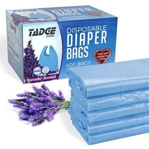 Tadge Goods Baby Disposable Diaper Bags 400 Pack Scented with Lavender – Odor Absorber Biodegradable Plastic Diaper Sacks for Trash Bag Essential Items – Bags for Dirty Diapers – Refill 400 Count