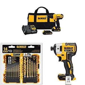 Dewalt DCD771C2 20V MAX Cordless Lithium-Ion 1/2 inch Compact Drill Driver Kit with 20V MAX XR Li-Ion Brushless 0.25″ 3-Speed Impact Driver and 14-Piece Titanium Drill Bit Set