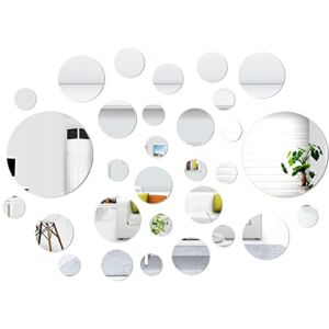 SelfTek 30 Pcs Acrylic Mirror Wall Stickers Self Adhesive Removable Round Circle Mirrors Wall Decals for DIY Home Art Room Bedroom Background Decoration