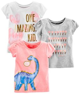 Simple Joys by Carter’s Toddler Girls’ Short-Sleeve Graphic Tees, Pack of 3, Pink/Grey/White, Dinosaur/Hearts, 3T