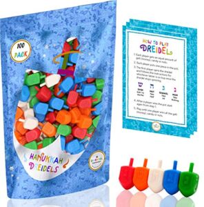 Hanukkah Dreidels 100 Bulk Pack Multi-Color Plastic Chanukah Draydels With English Transliteration – Includes 3 Dreidel Game Instruction Cards