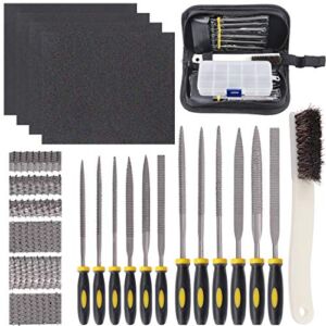 Glarks 18Pcs Assorted Wood Rasp Set Include 12Pcs Mini Hand Metal Files, A Brush and Storage Box with 4Pcs Sandpaper for Fixing Jewelers Diamond Wood Carving Craft
