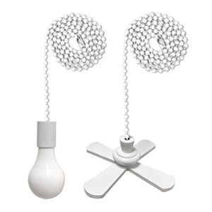 Royal Designs Celling Fan Pull Chain Beaded Ball Extension Chain with Decorative Fan and Light Bulb, White, Set of 2