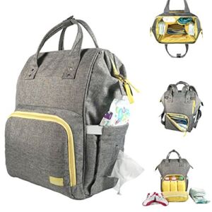 Diaper Backpack Organizer Unisex Travel Bag Large Capacity Lightweight Insulated Waterproof Stroller Compatible Maternity Nappy for Boys and Girls in Grey Yellow