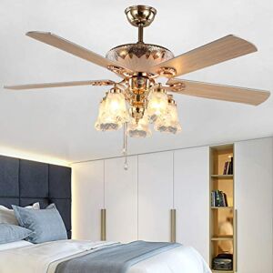 Modern Ceiling Fan with 5 Reversible Blades 5 Frosted Light Kit and Remote Control, Quiet Fan, Ecological Chandelier Fan, Golden Finish, 52-Inch (Classic)
