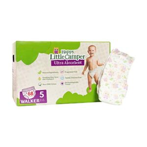 Happy Little Camper Natural Diapers, Size 5 (+27lbs) – Disposable Cotton Baby Diapers with Aloe, Ultra-Absorbent, Hypoallergenic and Fragrance Free for Sensitive Skin, 68 Count