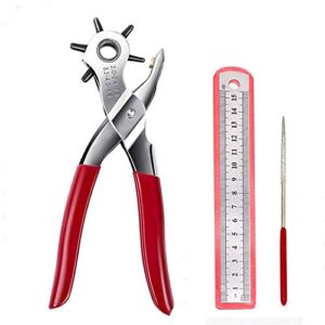 Adorox Heavy Duty 6 Size Revolving Leather Belt Hand Hole Puncher (Ruler & Deburring File Included)
