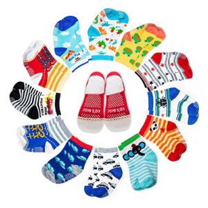 12-Pack Cotton Socks for Toddler Boys Girls Anti-Slip Ankle Socks for Baby Walkers Non-Skip with Grip for 16-36 Months