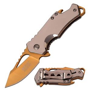 MTech USA – Spring Assisted Folding Knife – Gold TiNite Coated Fine Edge Blade, Mirror Polished Stainless Steel Handle, Bottle Opener, Pocket Clip, Tactical, EDC, Self Defense- MT-A882SGD
