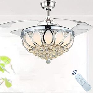 42″ Luxury Modern Fandelier Crystal Chandelier Ceiling Fan with Remote Control Bling Ceiling Fan with Light for Livingroom Bedroom Chrome Folding Blades Ceiling Fan Lamp Dining Room Decorative