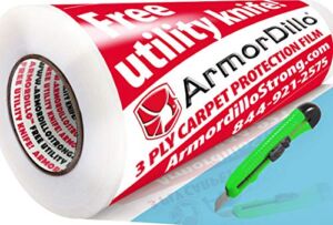 Free Utility Knife with ArmorDillo’s 36″x 200′ Technically Superior, Patented, Beaded Adhesive, Only Full 3mil-3ply, Only ‘Easy Start Roll’, Easiest to Use, Only 100% US Made, Strongest Carpet Film.
