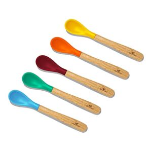 Avanchy Bamboo Infant Spoons – Soft Tip Infant Spoons – Travel Gift Set for Baby – 5 Pack – 6.5″ L X 1″ W (Green, Blue, Yellow, Orange, Magenta)