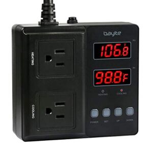 bayite Temperature Controller 1650W 15A BTC211 Dual Digital Outlet Thermostat Plug, Pre-Wired, 2 Stage Heating and Cooling Mode, 110V – 240V, Fermentation BBQ Reptile Aquarium