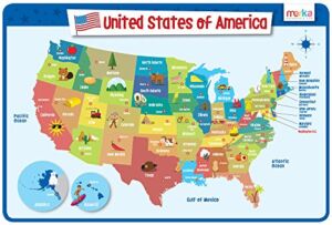 merka Kids’ Educational Placemat: US Map – Reusable, Non-Slip, Silicone Plastic Eating Mat for Kitchen Counter or Dining Table – A Fun Tool for Learning US Geography and The Capitals of All 50 States