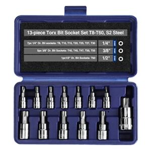 WORKPRO 13-piece Torx Bit Socket Set, 1/4″, 3/8″ and 1/2″ Drive T8-T60, S2 Steel, with Storage Case (For Hand Use Only)