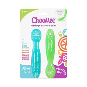 ChooMee FlexiDip Baby Starter Spoon | Platinum Silicone | First Stage Teething Friendly Learning Utensil | 2 CT | Aqua Green