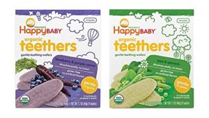Happy Baby Organic Teethers Gentle Teething Wafers 2 Flavor Sampler Bundle: (1) Pea & Spinach Teething Wafers, and (1) Blueberry & Purple Carrot Teething Wafers, 1.7 Oz. Ea.