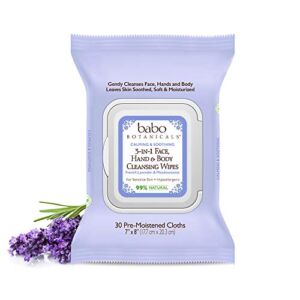 Babo Botanicals Calming 3-in-1 Face, Hand & Body Cleansing Wipes – with French Lavender & Meadowsweet – for Babies, Kids & Adults with Sensitive Skin – 30 ct.