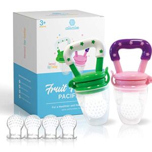 Ashtonbee 2-in-1 Baby Fruit Feeder and Teething Toy, Ultra-Soft Silicone Teether Feeder for Baby Feeding and Teething Relief, Includes 1 Pink and 1 Green Teething Pacifiers for Babies