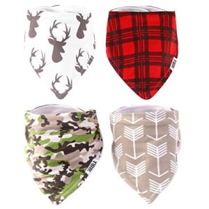 Stadela 100% Cotton Baby Bandana Drool Bibs for Drooling and Teething Nursery Burp Cloths 4 Pack Gift Set for Boys Hunting Adventure with Deer Antler Arrows Plaid Woodland Forest Animal