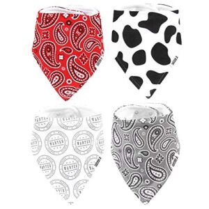 Stadela 100% Cotton Baby Bandana Drool Bibs for Drooling and Teething Nursery Burp Cloths 4 Pack Unisex Set for Girl and Boy – Western Baby Cowboy Cowgirl Cow Skin Paisley Wild West