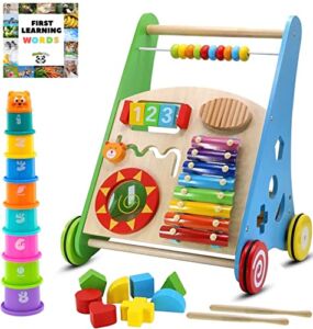 Pidoko Kids 1 Year Old Girl Boy Gifts – Wooden Baby Walker – Includes Stacking Cups and a Book – Baby Toys Push and Pull Learning Walker Activity Centre for Toddlers