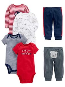 Simple Joys by Carter’s Baby Boys’ 6-Piece Bodysuits (Short and Long Sleeve) and Pants Set, Red/Navy, Bear, 3-6 Months