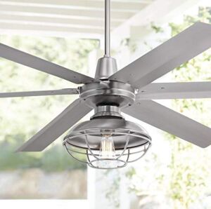 Casa Vieja 60″ Turbina Max Industrial Rustic Large Indoor Outdoor Ceiling Fan with Light LED Remote Control Brushed Nickel Open Cage Damp Rated for Patio Exterior House Porch Gazebo Garage Barn