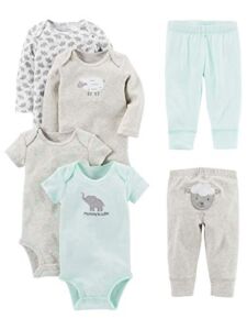 Simple Joys by Carter’s Unisex Babies’ 6-Piece Bodysuits (Short and Long Sleeve) and Pants Set, Grey/Mint Green, Lamb/Elephant, 0-3 Months