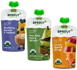 Sprout Organic Baby Food, Stage 2 Pouches, Carrot Apple Mango, Pear Kiwi Peas Spinach & Blueberry Banana Oatmeal Variety Sampler, 3.5 Oz (Pack of 12)