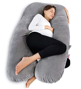 Meiz Pregnancy Pillow, U Shaped Pregnancy Body Pillow, Pregnancy Pillows for Sleeping with Zipper Removable Cover (Gray- Velvet)