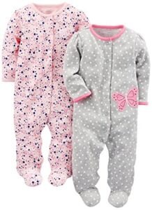 Simple Joys by Carter’s Baby Girls’ Cotton Snap Footed Sleep and Play, Pack of 2, Grey/Pink, Butterfly/Floral, 0-3 Months