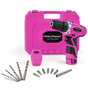Pink Power Pink Drill Set for Women – 12V Li-Ion Pink Cordless Drill Driver Tool Kit for Women – Electric Screwdriver with Case, Battery, Charger and Bit Set