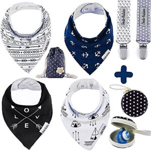 Dodo Babies Bandana Drool Bib Set – Four 100% Cotton Bibs with Soft Polyester Lining, 2 Pacifier Clips, Binky Case, Navy Dot Gift Bag for Baby Girl or Boy Shower – Adjustable Snap Fit for 3-24 Months
