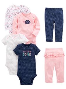 Simple Joys by Carter’s Baby Girls’ 6-Piece Bodysuits (Short and Long Sleeve) and Pants Set, Pink/Navy, 0-3 Months