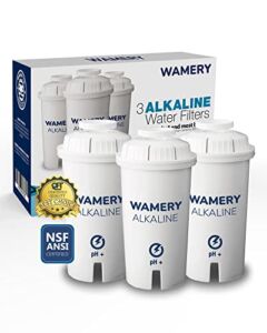 Wamery Certified Alkaline Water Filter Replacement Fits Brita Pitcher Cartridges 3-Pack, Increases Water pH.