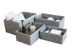 LA JOLIE MUSE Storage Baskets Set 4 – Stackable Woven Basket Paper Rope Bin, Storage Boxes for Makeup Closet Bathroom Bedroom (Gray)