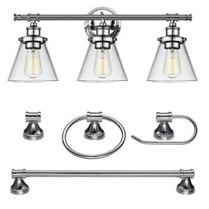 Globe Electric 51234 5-Piece All-in-One Bathroom Accessory Set, with Vanity, Chrome, 3-Light Vanity Light, Clear Glass Shades, Towel Bar, Towel Ring, Robe Hook, Toilet Paper Holder, Makeup Lighting