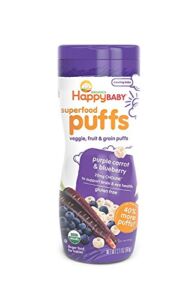 Happy Baby Organic Superfood Puffs Purple Carrot & Blueberry, 2.1 Ounce Canister Organic Baby or Toddler Snacks, Crunchy Fruit & Veggie Snack, Choline to Support Brain & Eye Health