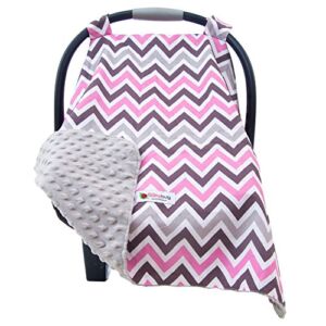 Baby Carseat Canopy Cover-Breathable Infant Car Seat Cover Helps Protect Babies-Our Baby Car Seat Covers Also Double as a Nursing Cover, High Chair Cover & Playmat-Pink & Gray Chevron with Gray Minky