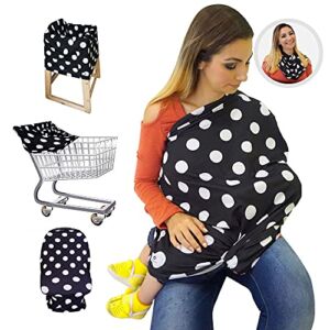 Nursing Breastfeeding Cover/Scarf + Baby Car Seat Cover/Canopy + Shopping Cart/Stroller Cover + High Chair Cover for Infant Girls and Boys. Best 4 in 1 Multi Use Stretchy Covers (Dots)